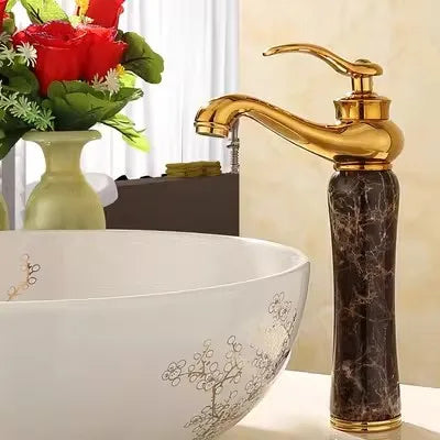 Decorbites™ Grifo de Lavabo de Baño en Oro, Jade y Latón | Montado en Cubierta Mezclador de Agua Caliente y Fría