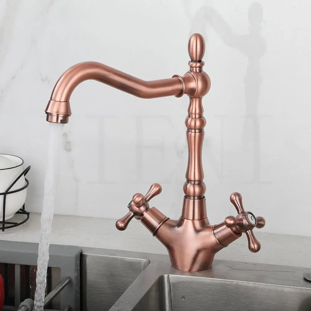 صنبور حوض دوار بمقبض مزدوج من DecorBites™ مصنوع من النحاس العتيق وخلاط دوار