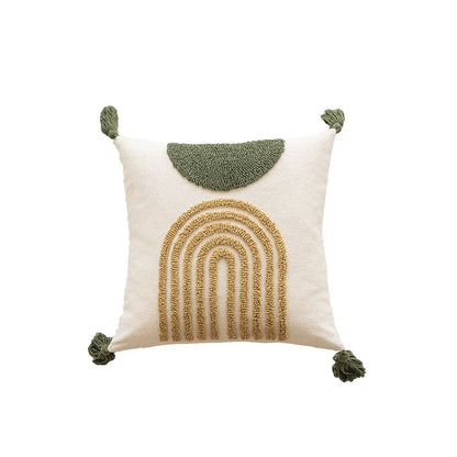 DecorBites™ Green Coffee Geometric Tuft Tassel Cushion Cover - Modern Minimalist Embroidered Pillowcase