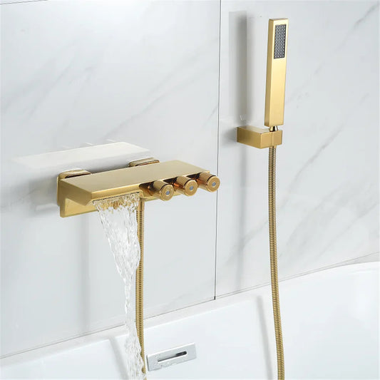 DecorBites™ Gold/Black Tub Shower Set Wall Mount Waterfall Mixer Tap Brass Rotatable
