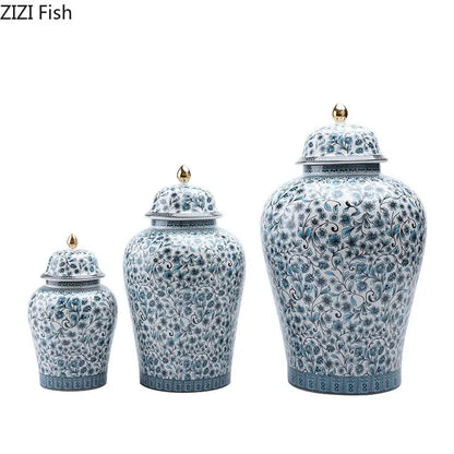 DecorBites™ Blue White Ceramic Enamel General Jar Tea Canister Desk Flower Texture Pot