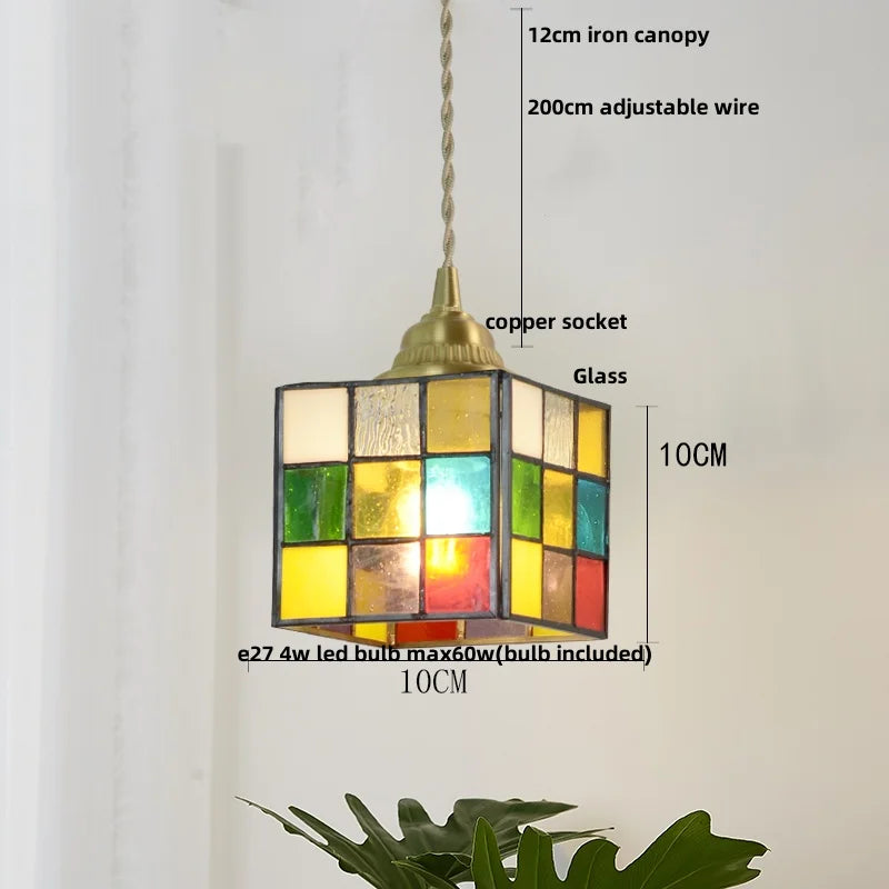 DecorBites™ Colorful Glass Magic Cube LED Pendant Lights Tiffany Style Wood Hang Lamp