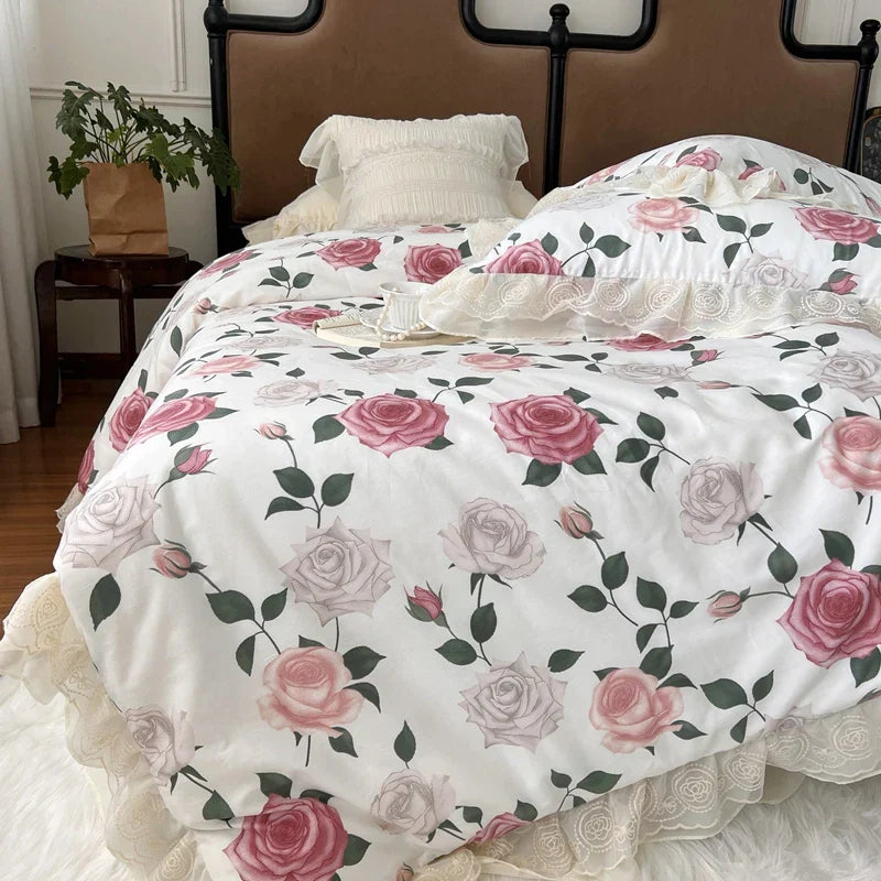 Decobites Vintage French Rose Flowers Double Layer Lace Ruffles Bedding Set