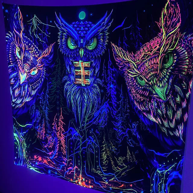 Decobites Psychedelic Mushroom Owl Luminous Tapestry Wall Art for Home Decor