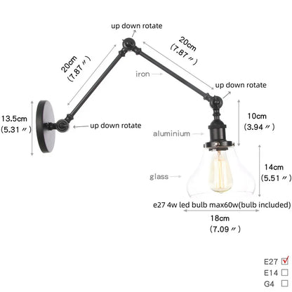 DecorBites™ Industrial Loft Swing Arm Wall Sconce Clear Glass Pull Chain Switch Bedside Lamp