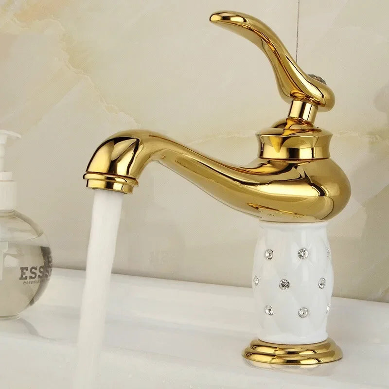 DecorBites™ Gold Brass Basin Faucet with Diamond, Single Handle Hot Cold Mixer Tap