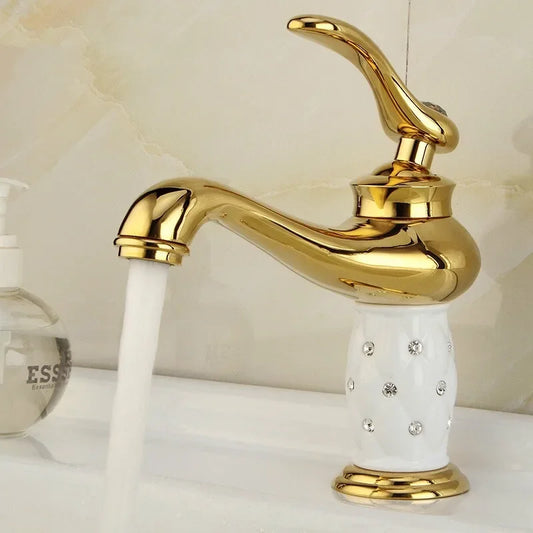 DecorBites™ Gold Brass Basin Faucet with Diamond, Single Handle Hot Cold Mixer Tap
