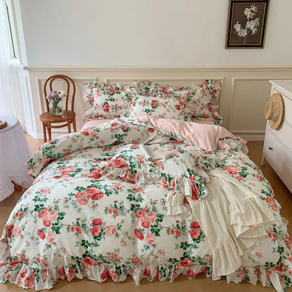 Decobites French Vintage Rose Print Bedding Set with Lace Ruffles and Linen Details