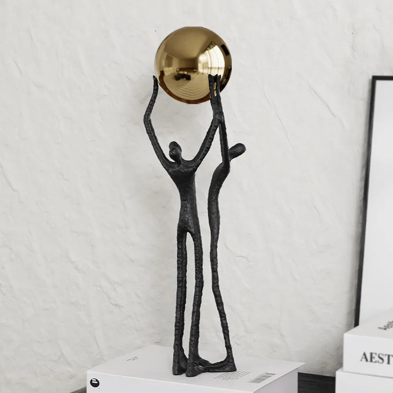 DecorBites™ Human Figure Sculpture Golden Ball Holder Metal Figurine Home Decor