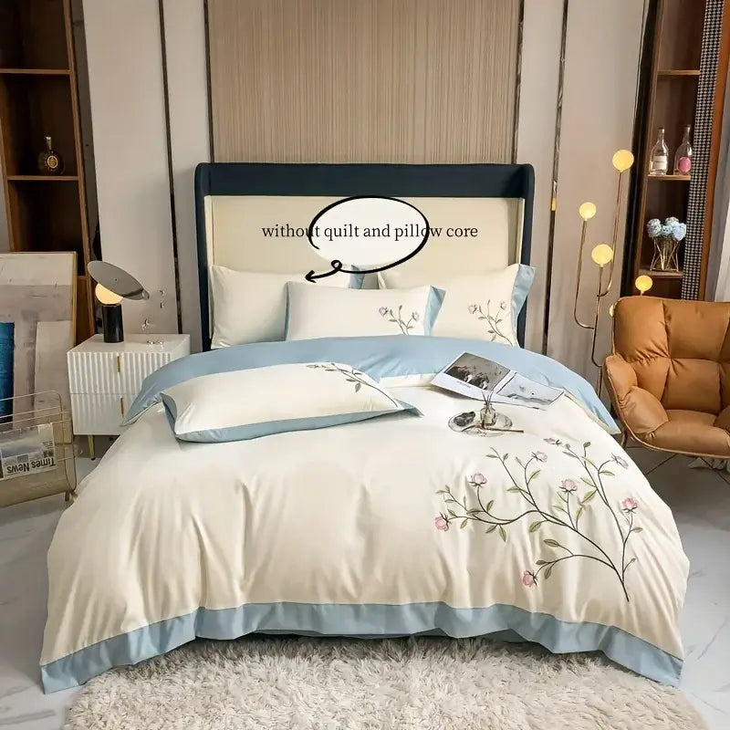 DecorBites™ Elegant Embroidery Duvet Cover Set Blue Pink 3 Pieces