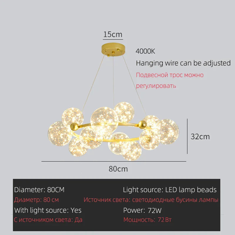 DecorBites™ LED Glass Bulb Pendant Light: Modern Round Design, Gold/Black, Gypsophila String