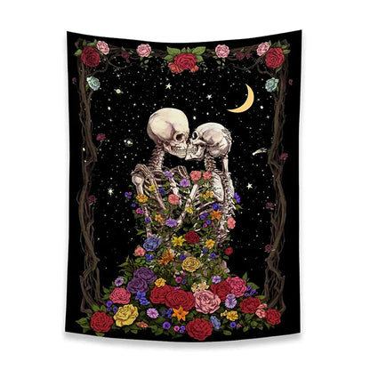 Decobites Skull Lovers' Kiss Tapestry - Colorful Roses and Tarot Skeleton Wall Hanging