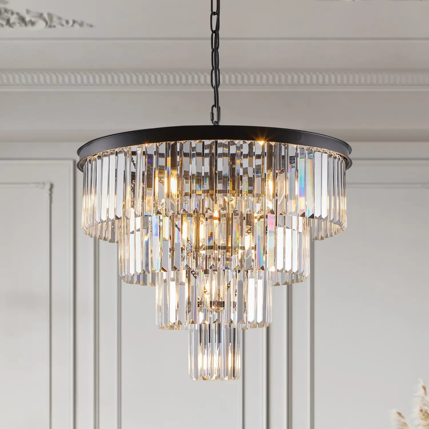 DecorBites™ Modern 4-Tier Black Crystal Chandelier