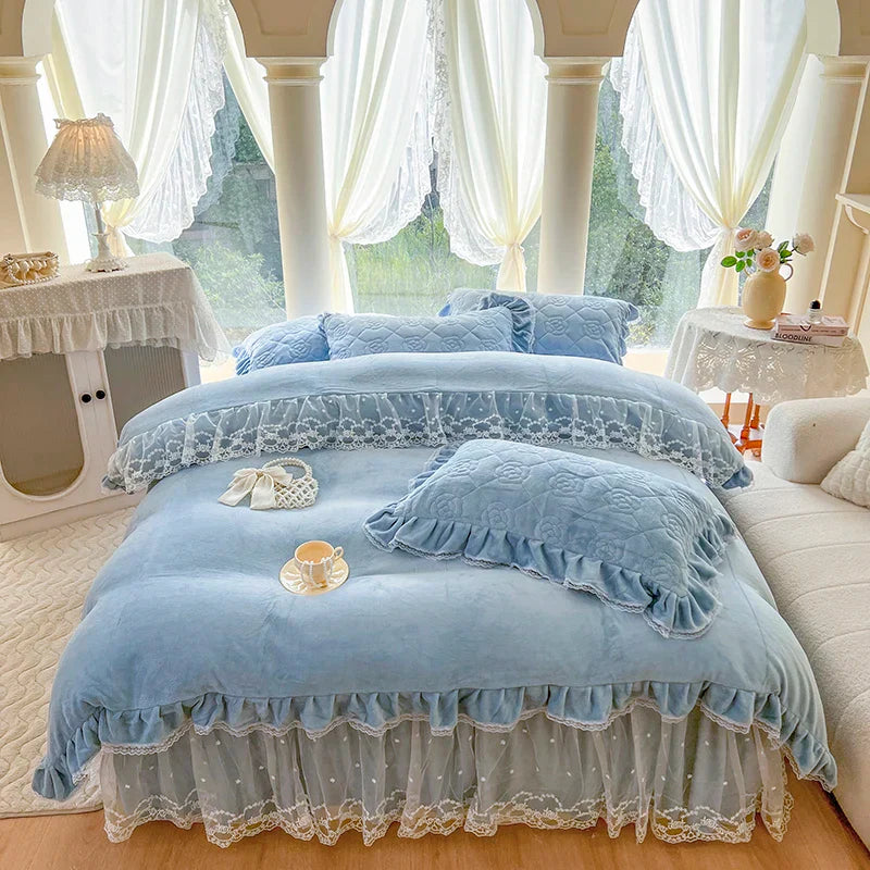 Decobites Velvet Princess Lace Ruffles Bedding Set - 4pcs Luxury Solid Color