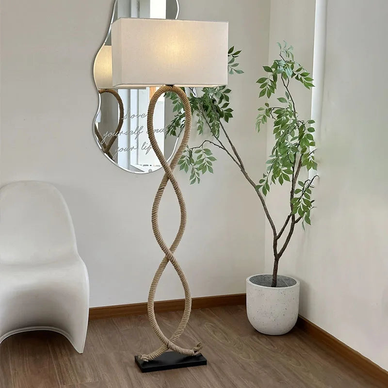 DecorBites™ Hemp Rope Fabric Shade LED Floor Lamp for Nordic Retro Wabi Sabi Style