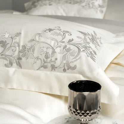 Decobites Luxury Embroidery Bedding Set: Pearl White 1000TC Egyptian Cotton Duvet Cover, Sheets, Pillowcases