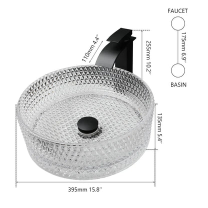 DecorBites™ Diamond Glass Basin Set with Matte Black Faucet and Pop-up Drain Mixer Tap