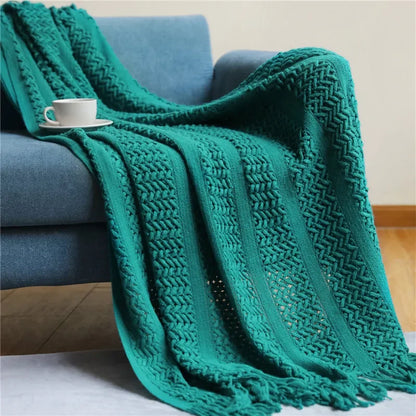 Decobites Nordic Knitted Sofa Blanket with Tassels - Solid Color Siesta Shawl Blanket