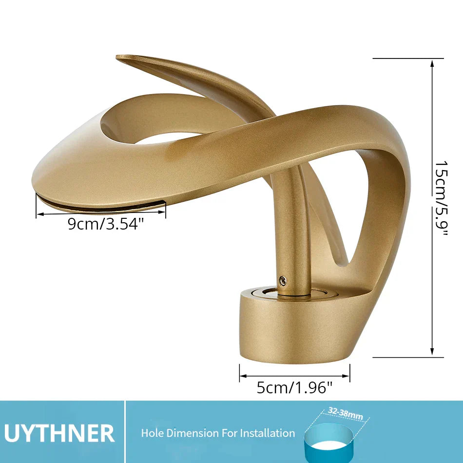 Grifo de lavabo tipo cascada DecorBites™ de latón negro, monomando para montaje en cubierta