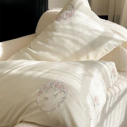 Decobites Rose Butterfly Embroidery Curved Edge Bedding Set: Duvet Cover, Sheet Set, Pillowcases