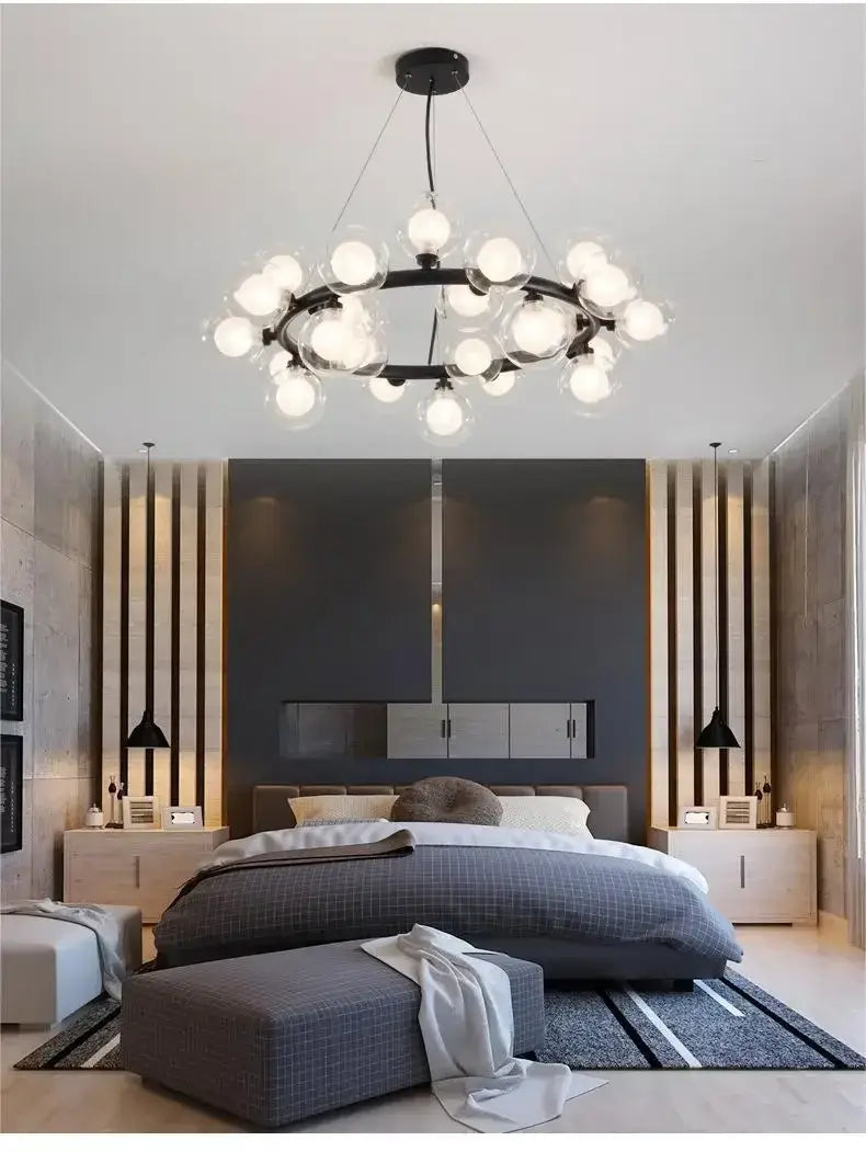 DecorBites™ Contemporary Black and Gold Chandelier - White Glass Ball