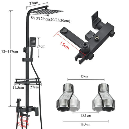 Juego de grifería para ducha DecorBites™ de latón negro con caño giratorio para bañera y columna de ducha tipo lluvia