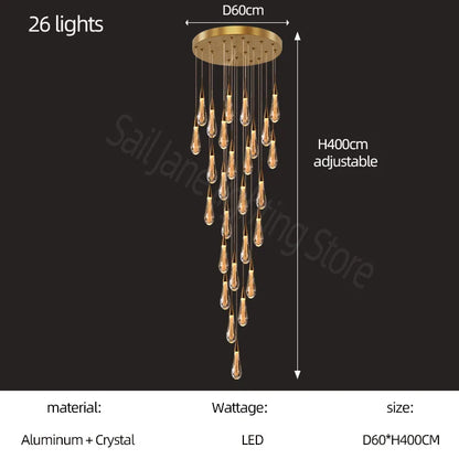 DecorBites™ Gold Crystal Chandelier for Modern Living, Dining & Stair Lighting