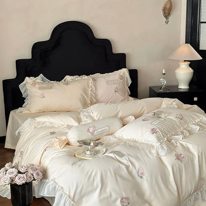 Decobites Rose Flowers Embroidery Lace Ruffles Cotton Brushed Bedding Set