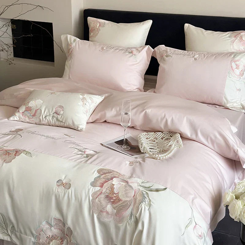 Decobites Pink Flowers Embroidery Luxe Bedding Set: 1000TC Egyptian Cotton Duvet Cover, Bed Sheet, Pillowcases