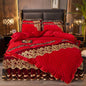 Decobites Black Gold Luxury Crystal Velvet Bedding Set with Quilted Embroidery & Ruffles