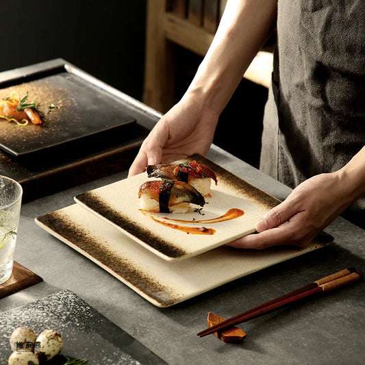 DecorBites™ Glazed Barbecue Wing Plate with Knife - Japanese Style Tray for Roast Wings and Fish