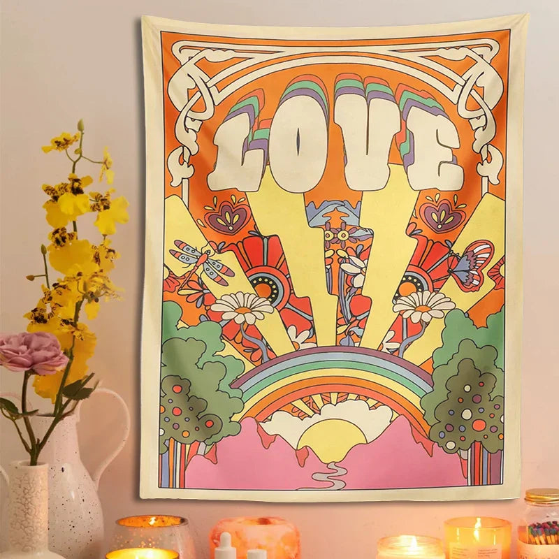 Decobites Retro Love Sun Rainbow Tapestry - Psychedelic Hippie Wall Art for Home Decor