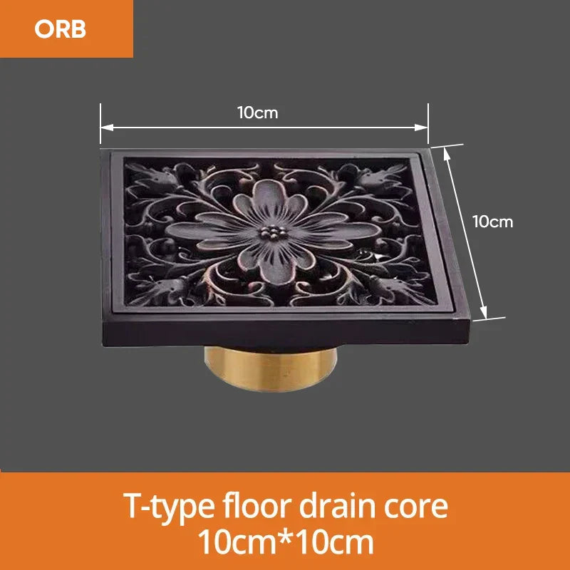 DecorBites™ Black Brass Shower Drain Strainer Floor Cover Square Art Carved Grate Basins SY-073R