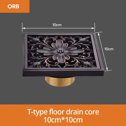 DecorBites™ Black Brass Shower Drain Strainer Floor Cover Square Art Carved Grate Basins SY-073R