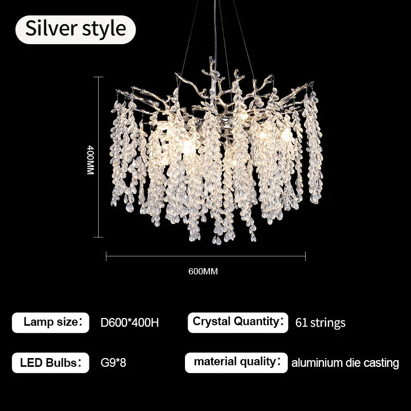DecorBites™ Grape Crystal Chandelier Silver Gold LED Tree Branch Luxury Lighting