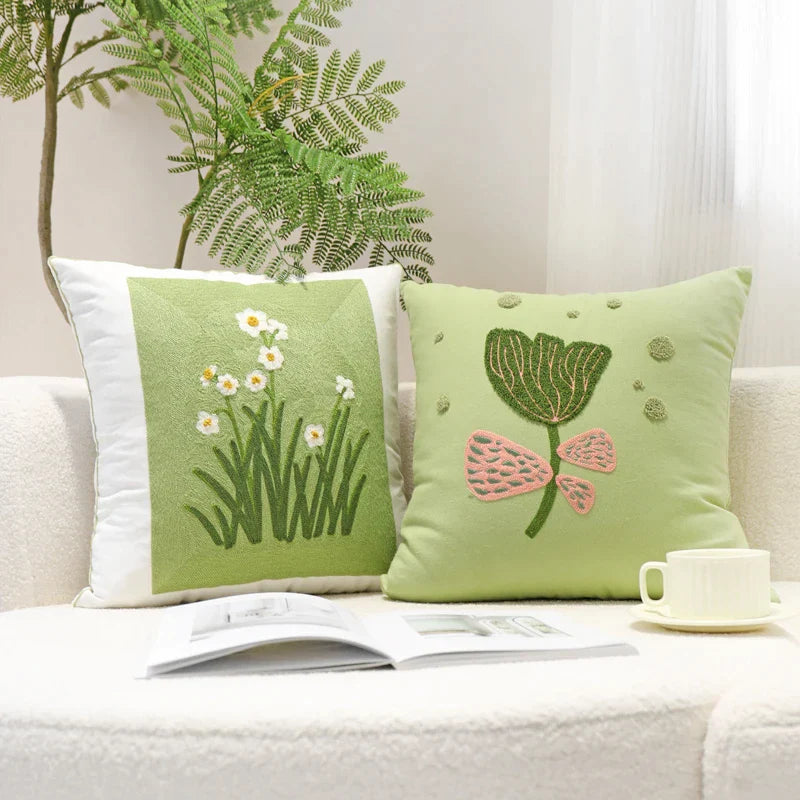 DecorBites™ Green Embroidered Cotton Cushion Cover, Rustic Throw Pillowcase for Living Room Sofa