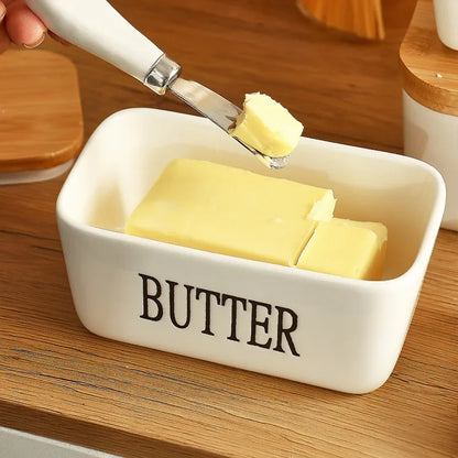 Butter Container Ceramic Box Restaurant Sealed Storage Box Cheese Boxwith Knife Butter Slicer Butter Dish Tableware