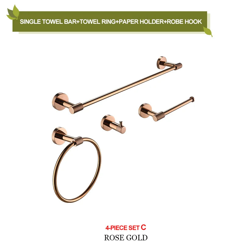 DecorBites™ Bathroom Accessories Set: Rose Gold Chrome Hook, Brushed Gold Towel Rack, Stainless Steel Toilet Paper Holder