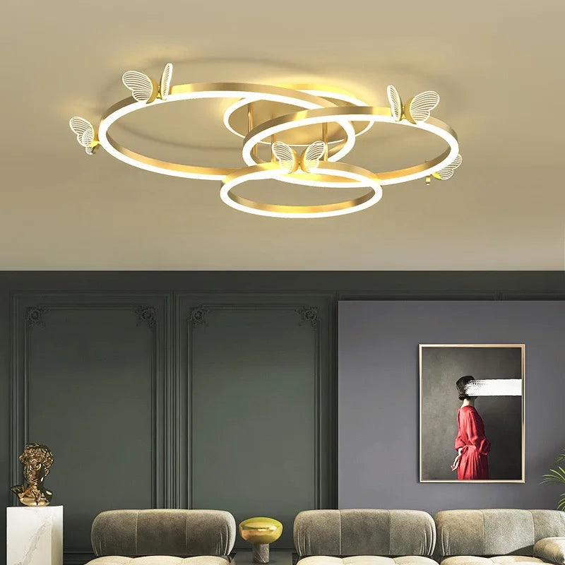 Decorbites™ Lámpara de Araña de Techo Redonda LED Mariposa Dorada para Sala de Estar y Dormitorio