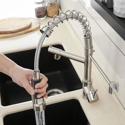 DecorBites™ Brushed Nickel Kitchen Faucet Pull Out Mixer Tap Swivel Water Outlet