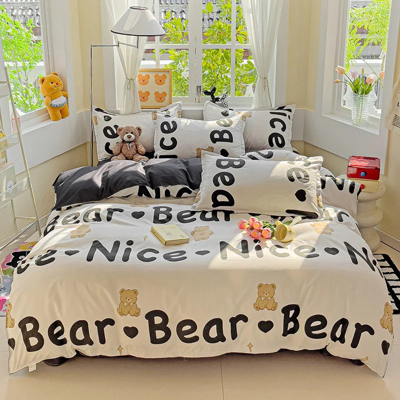 DecorBites™ Cartoon Printed Bedding Set: Soft Cozy Duvet Cover, Bedsheet, Pillowcase, Single Double Bedclothes