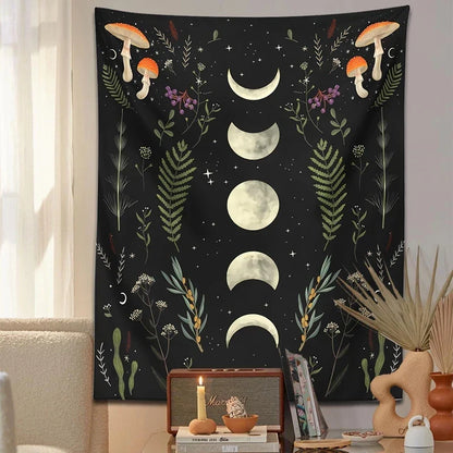 Moon Phase Mushroom Botanical Tapestry by Decobites for Boho Home Decor