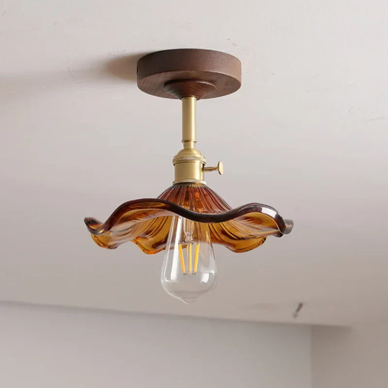 Green Glass Ceiling Lamp Copper Wood Accent