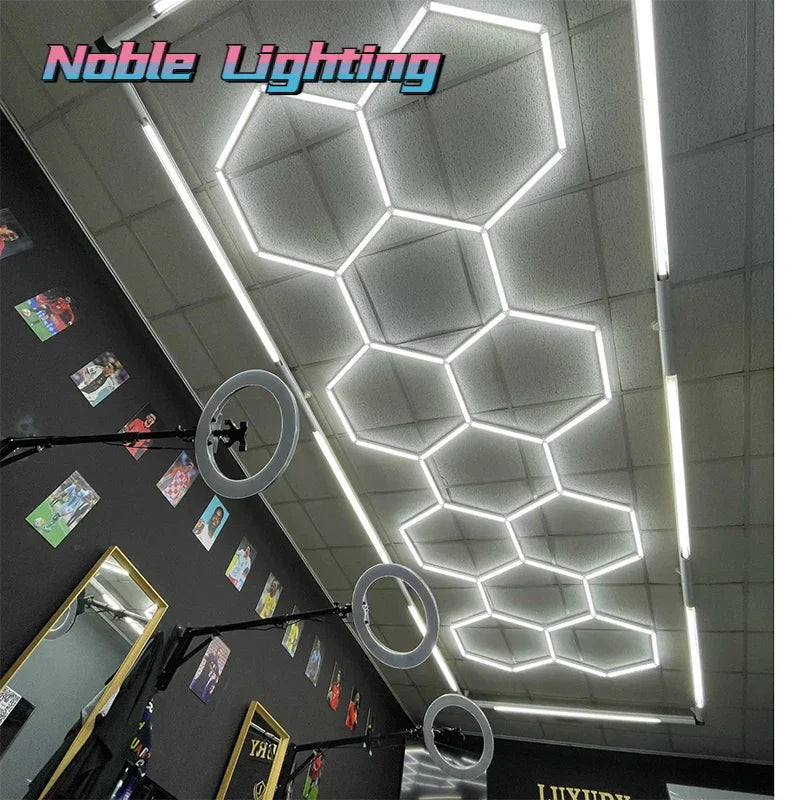 أضواء LED هندسية من DecorBites™ لصيانة السيارات في ورش العمل - تصميم ندفة الثلج متعدد الأضلاع