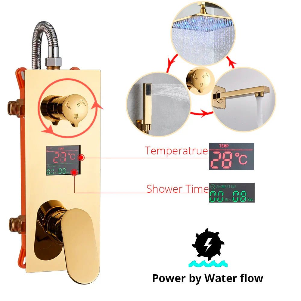 Gold LED Rainfall Shower 16-Inch Set