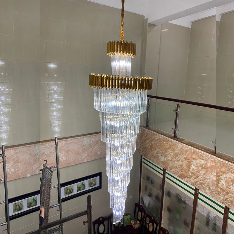 Large Top Long Crystal Led Chandeliers Hotel Hall Living Room Luxury Multi-layer Staircase Lighting Black Stainless Steel Light