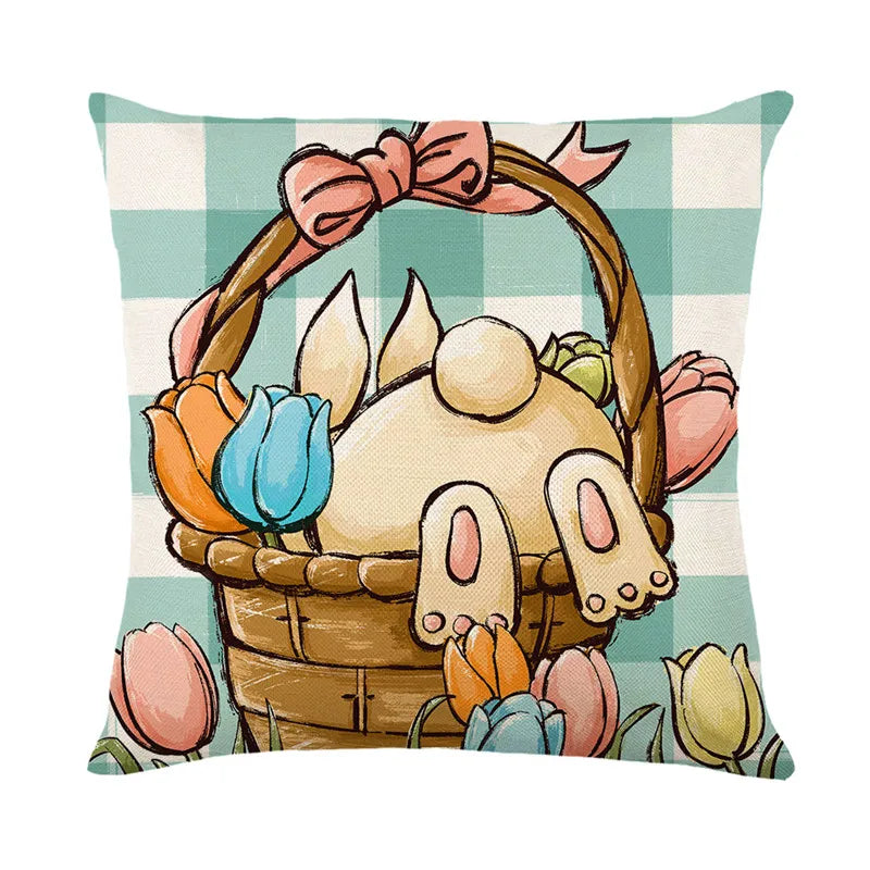 DecorBites™ Easter Bunny Rabbit Linen Cushion Cover 45x45cm - Flower Print Festival Pillowcase