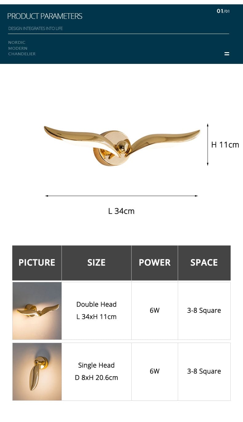 luxury minimalist creative gold-colored bird-shaped wall sconce with sleek design ideal for bedroom and living room lighting