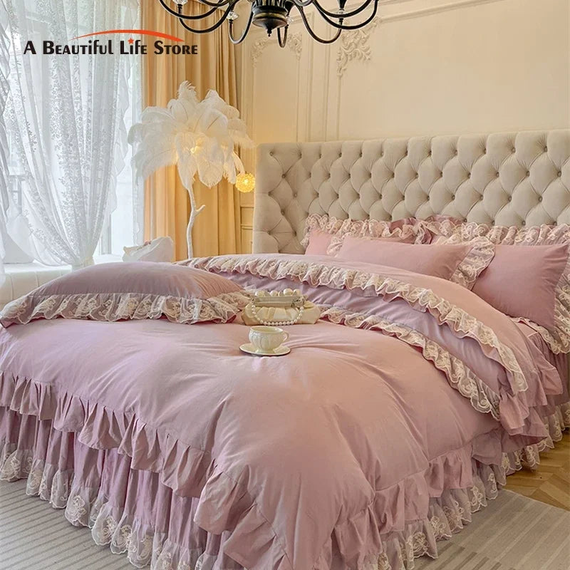 Decobites Korean Princess Lace Ruffles Bedding Set in Bean Paste Pink