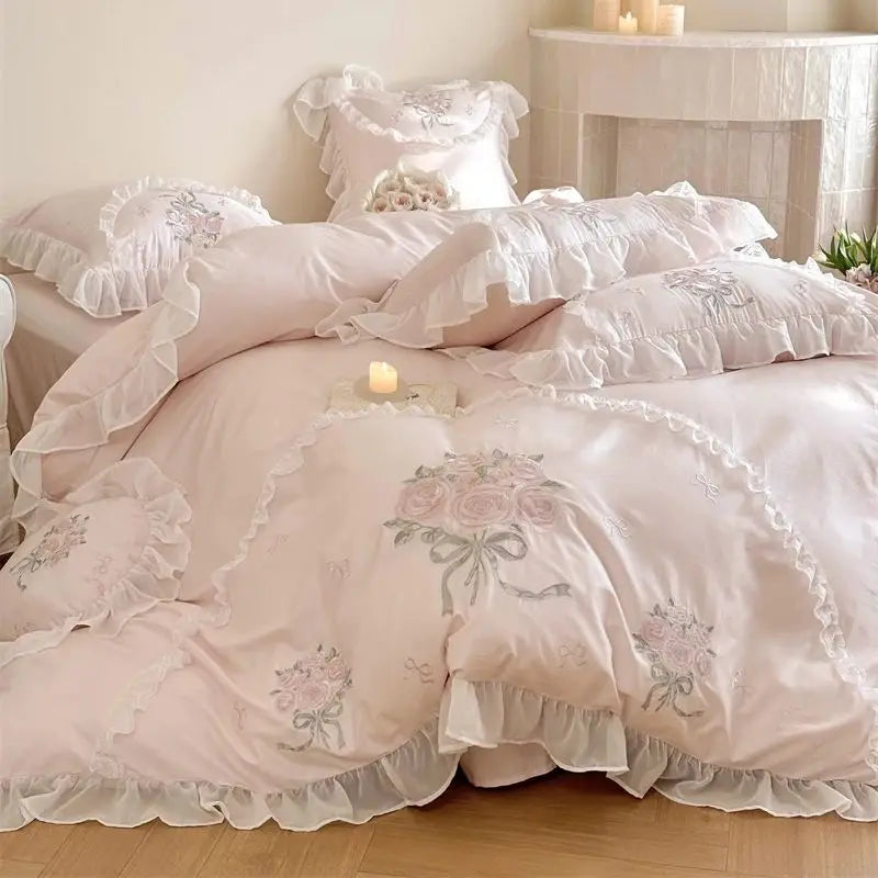 Decobites Pink Rose Embroidered Lace Ruffles Bedding Set for Girls